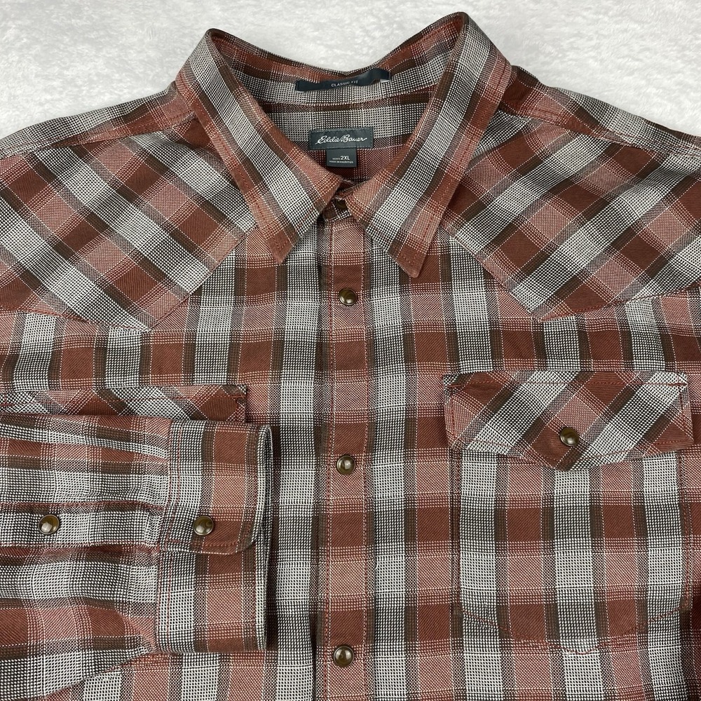 Eddie Bauer Shirt Mens 2XL Brown/Gray Checks Classic Fit Snap Front